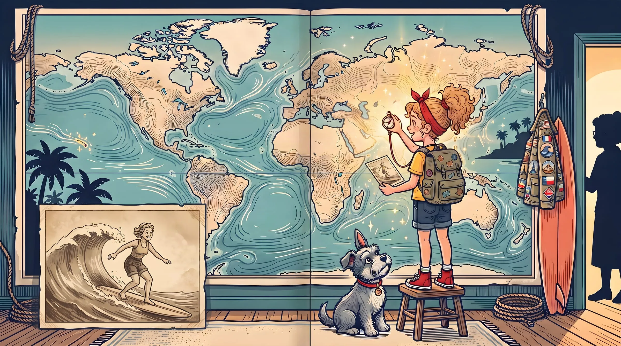 Grandma Jo's den: a wall-sized map, her patch-covered jacket on its hook, and Mila on a stool pressing the brass compass to the map while Moose watches