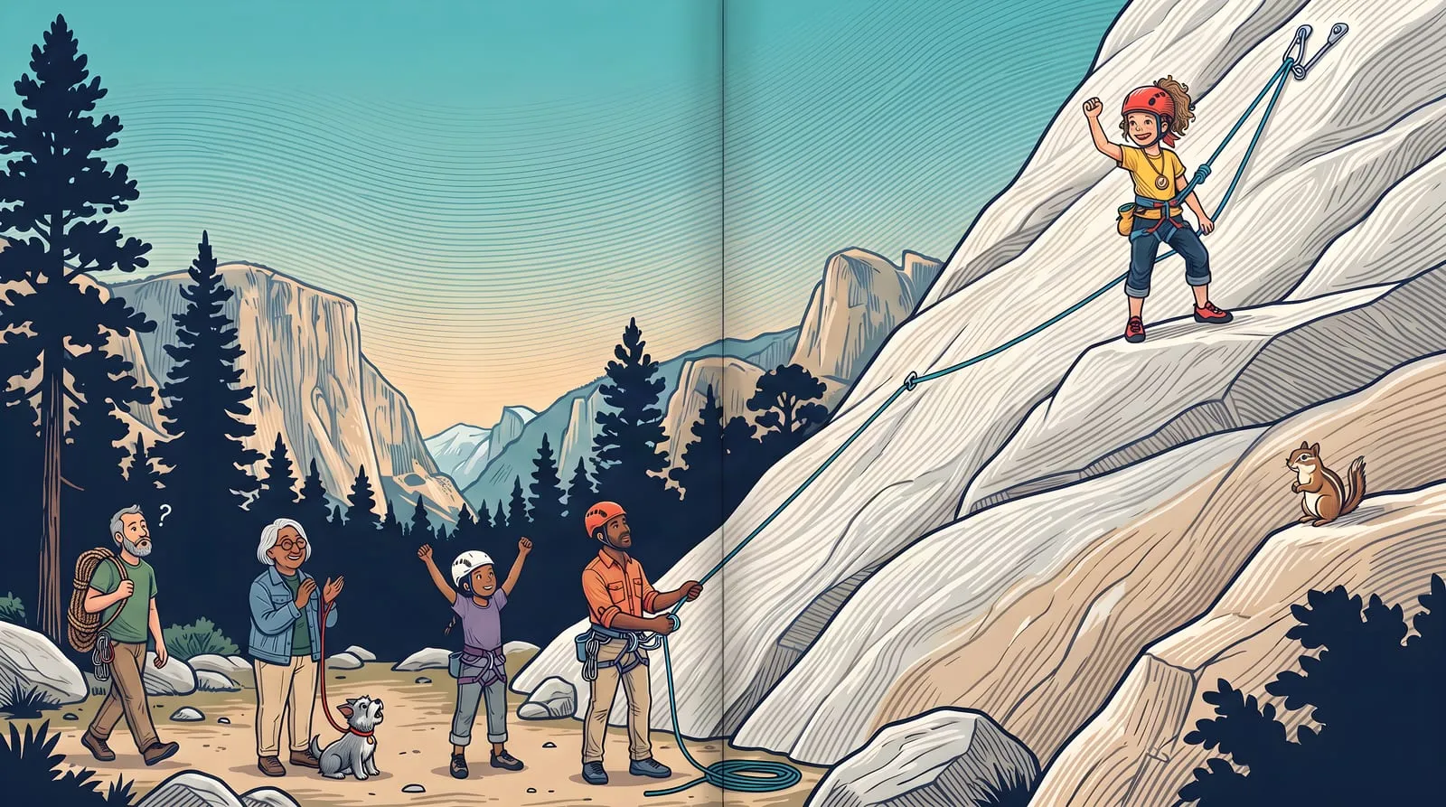 Mila zooms up the easy route, quick as a squirrel, and stands at the top of the slab with a fist in the air ("I go TEN at a time!").