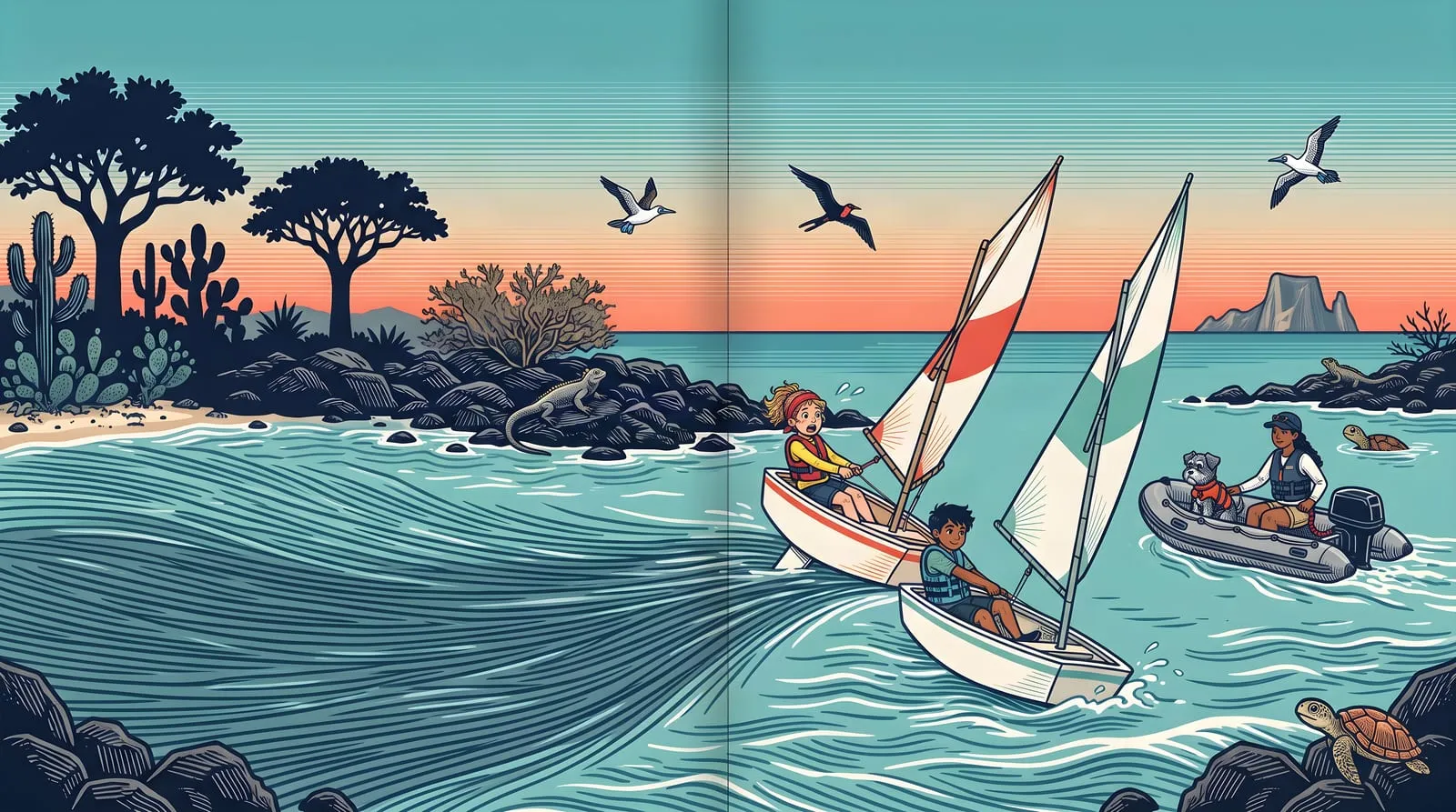First sail: "flap… flap… FWUMP!" Mila zooms, mouth open, talking.