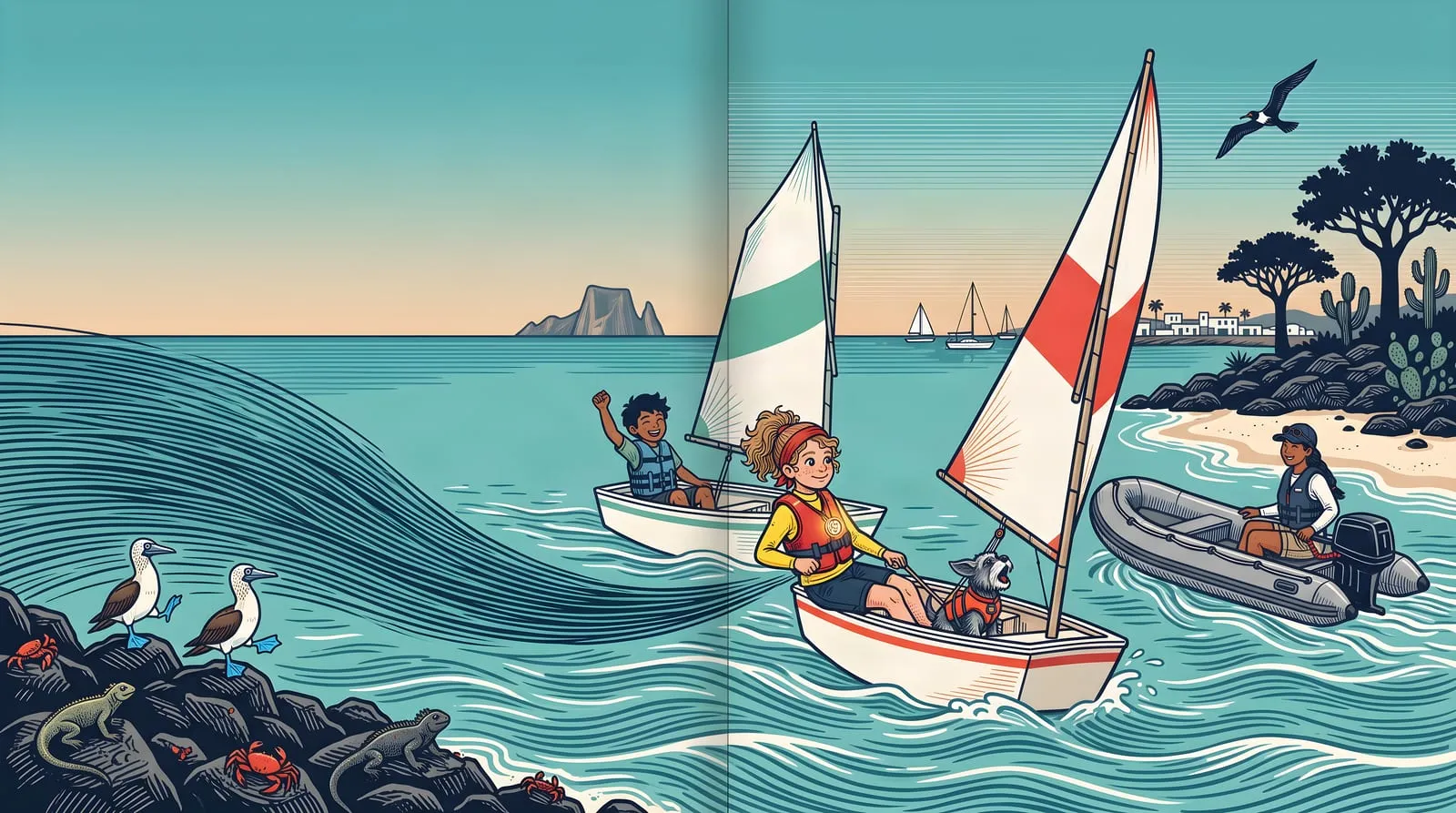 Morning: Mila watches the water as a dark patch slides closer; she lets her sail out a little and leans back, and her boat flies flat and fast beside…